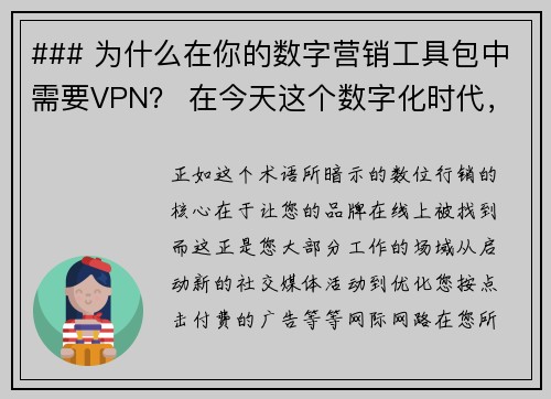 ### 为什么在你的数字营销工具包中需要VPN？ 在今天这个数字化时代，VPN虚拟专用网络成